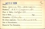 Voter registration card of Jane M. Hansen, Hartford, October 13, 1920