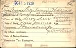 Voter registration card of Anna Carlson Harris, Hartford, October 15, 1920