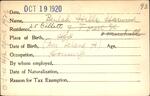 Voter registration card of Beulah Hills Harwood, Hartford, October 19, 1920