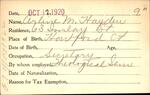 Voter registration card of Arline M. Hayden, Hartford, October 12, 1920