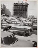Cars parked in lot, downtown Hartford, 1950s(?)