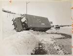 Panel van in snow bank after skid, I-84, West Hartford, November 26, 1971