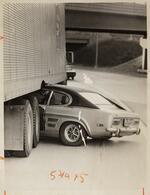 Car pinned beneath trailer of truck, I-84, East Hartford, March 14, 1974 