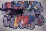 Breakdancer backflips on " Break - Pop" floor mural for 1984 Society for Savings wall calendar