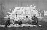 Breakdancers pose in front of Finals graffiti mural, Hartford, 1984