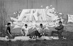 Breakdancers pose in front of Finals graffiti mural, Hartford, 1984
