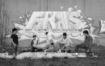 Breakdancers dance in front of Finals graffiti mural, Hartford, 1984