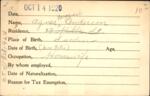 Voter registration card of Agnes Bergquist Anderson, Hartford, October 14, 1920