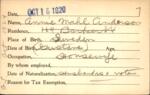 Voter registration card of Annie Mahl Anderson, Hartford, October 18, 1920