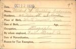 Voter registration card of Mildred M. Bulkley (Andersen), Hartford, October 12, 1920