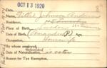 Voter registration card of Tillie Johnson Anderson, Hartford, October 13, 1920
