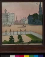 Physical object: Painted glass panel from mantel clock, "View in Broadway, New York" 