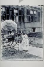 Ada Newbury and wicker baby carriage, Willow Street, Mystic