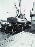 Fishing boat hauled out at Post boatyard, Pistol Point, Mystic