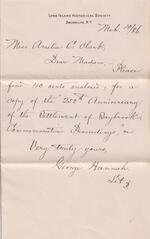 Letter from George Hannah of the Long Island Historical Society. 1886.