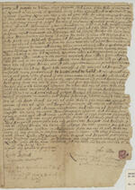 Handwritten deed of land from John Hide to Joseph Backus, 1697, 3 acres and 60 rods in the Seven-Acre Meadow.forfor 3 acres and 60 rods in the Seven-Acre Meadow, assumed to be part of Norwich. John Hide signed his name below the text of the document. Remnants of a red wax seal is to the right of the signature. Hide signs his name below the text. Next to his signature are remnants of a red wax seal.